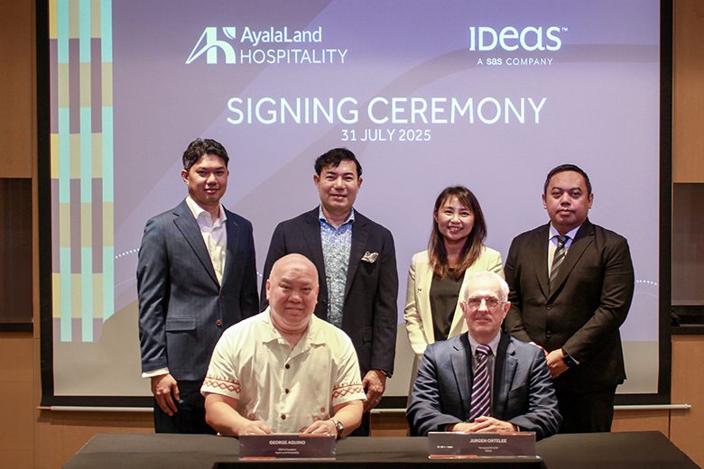 Representatives from Ayala Land Hospitality and IDeaS pose for a photo during a contract signing event.